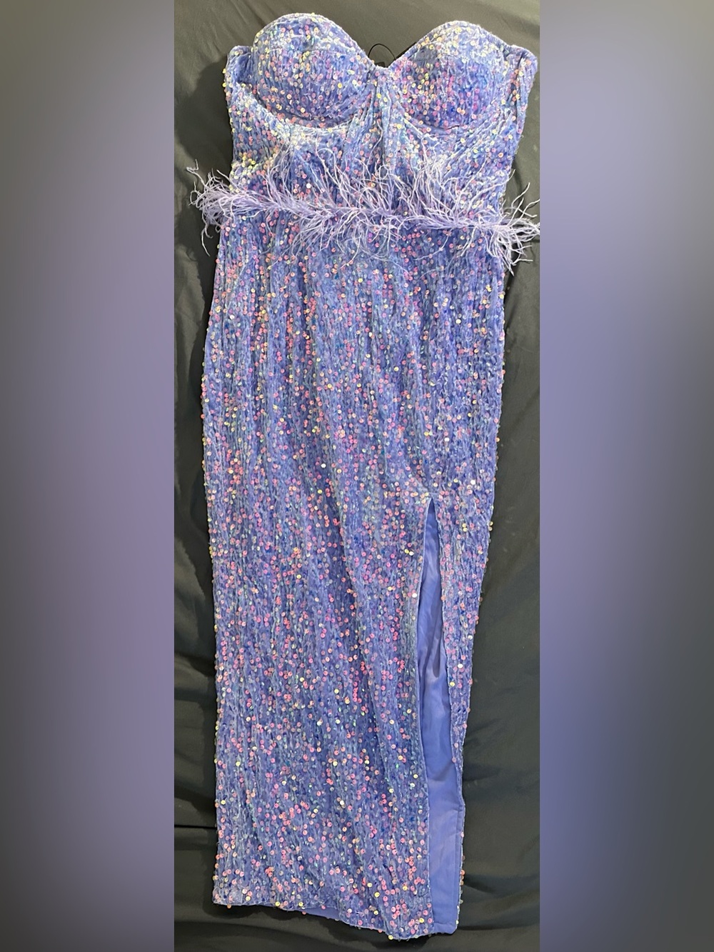 Fashion Nova Lavender Sequin Strapless Pencil Skirt with Feather Waist Trim